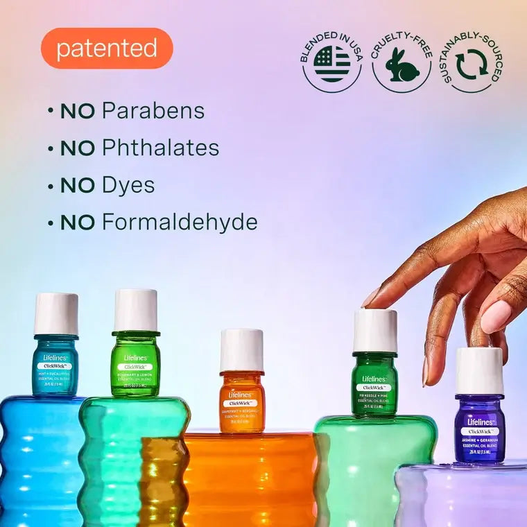 An infographic showing that the ClickWick Essential Oils are blended in the USA, cruelty-free, and sustainably sourced. 