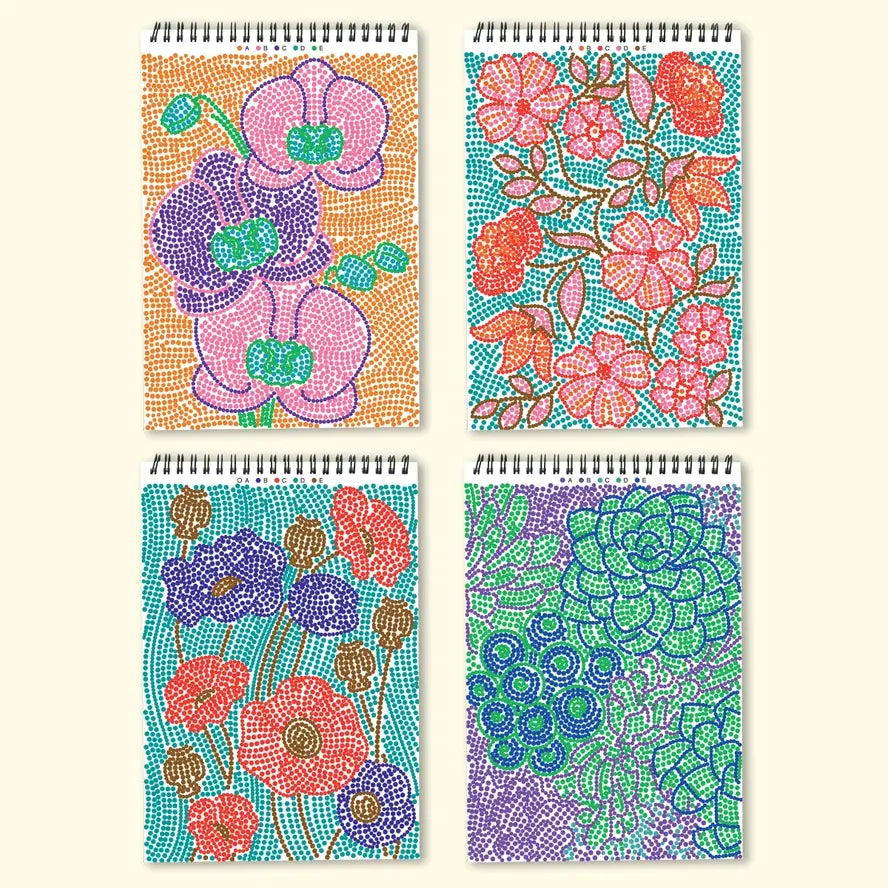 Four different designs in the Lifelines FlowArt Dot-by-Letter Botanicals Pad.