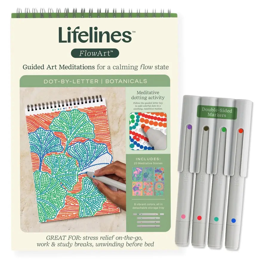 The Lifelines FlorArt Dot-by-Letter - Botanicals pad next to the double sided markers.