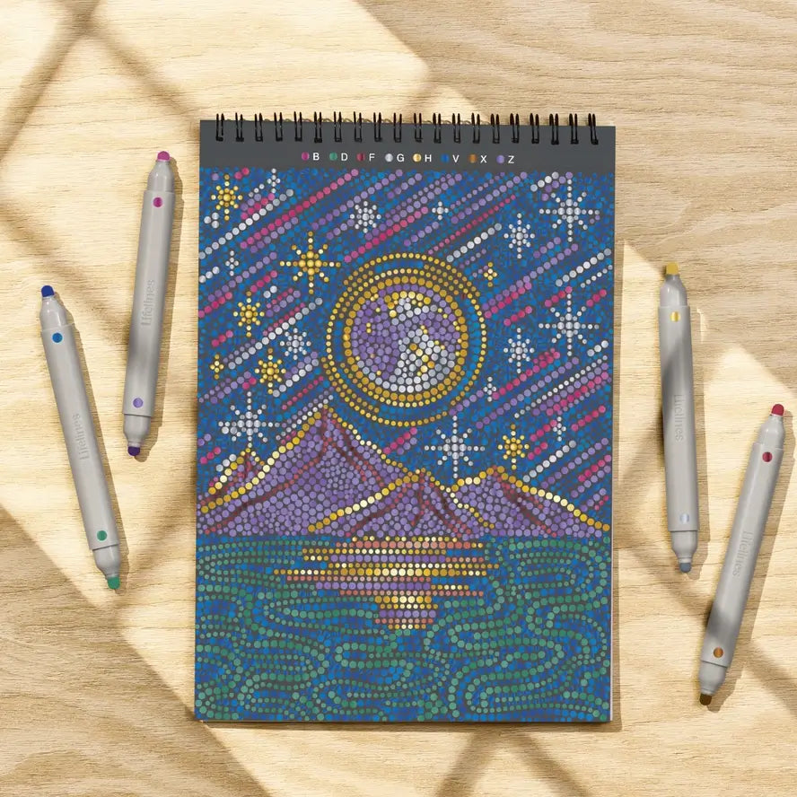 A finished scene from the Lifelines FlowArt Dot-by-Letter - Into the Galaxy activity pad.