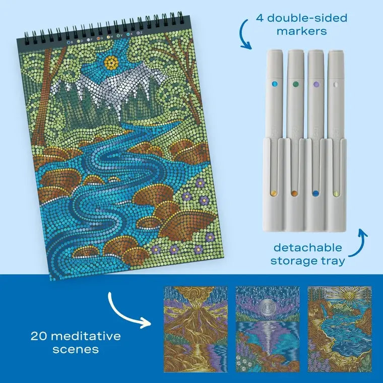 An infographic showing the 4 double-sided markers, detachable storage tray, and 20 meditative scenes that come with the Lifelines FlowArt Dot-by-Letter Majestic Earth with Metallic Ink. 