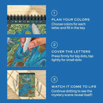 An infographic showing how to use the FlowArt Dot-by-Letter Majestic Earth.