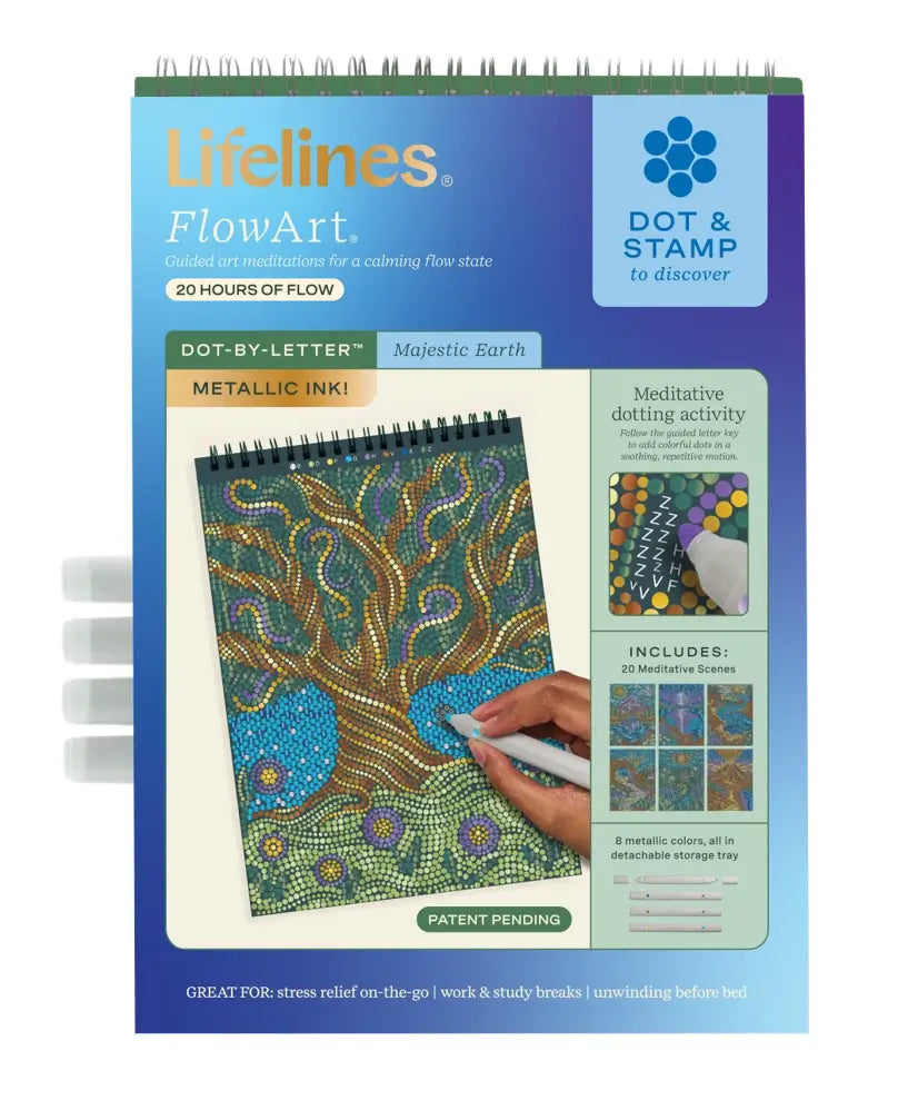 The cover of the Metallic Ink Majestic Earth Lifelines FlowArt Dot-by-Letter.