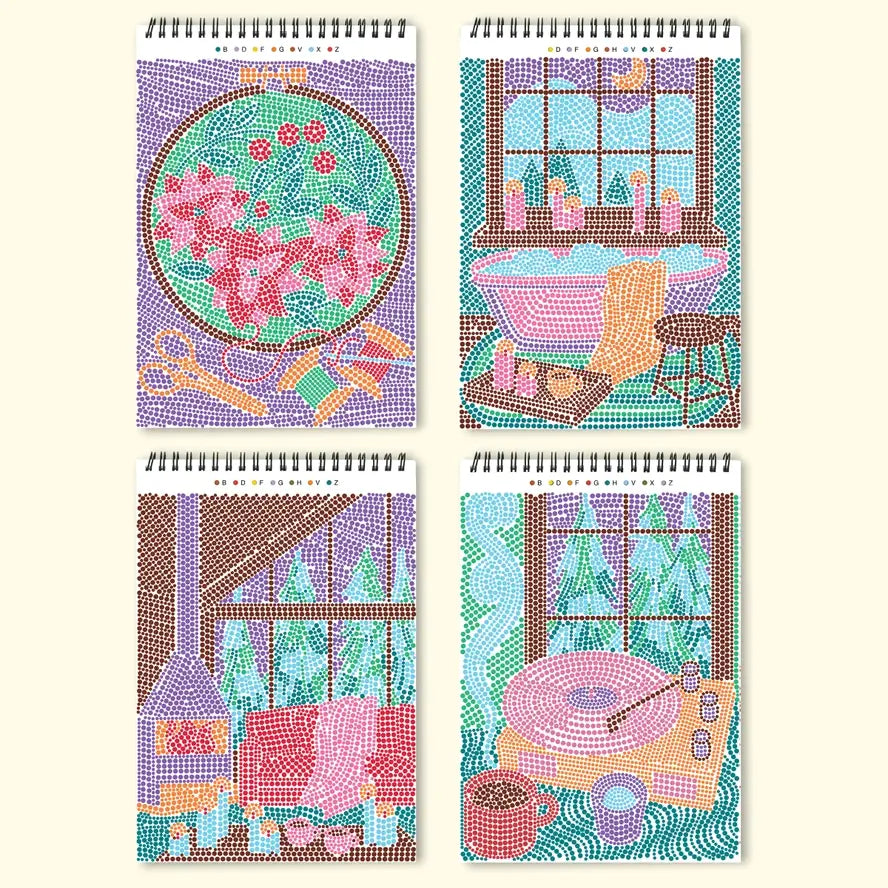 A look at four different complete scenes from the FlowArt Dot by Letter - Snowed In pad.