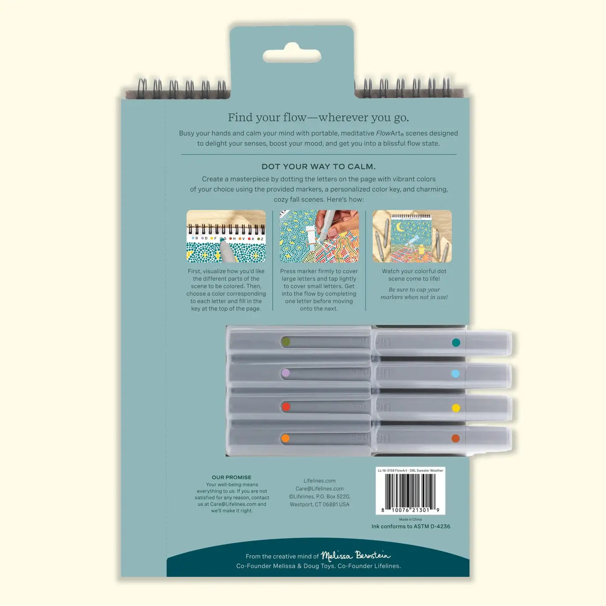 A look at the back of the FlowArt Dot-by-Letter pad and markers.