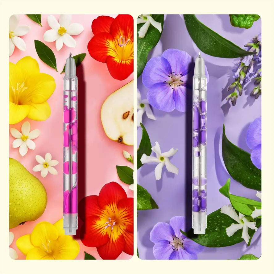 Two stylistic shots of the Lifelines Scented Lava Gel Pens with flowery backgrounds.