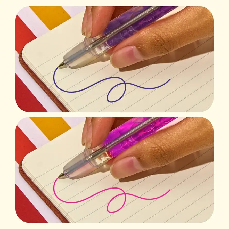 Two pictures showing the pink and purple ink from the Scented Lava Gel Pens.