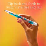 A hand tips the blue Lava Pen backwards to watch the "Lava" move.