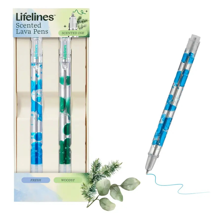 The product package for the Fresh & Woodsy Lifelines Scented Lava Pens.
