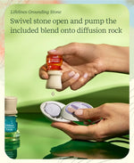 Two hands add the ClickWick Essential Oils blend onto the Grounding Stone.