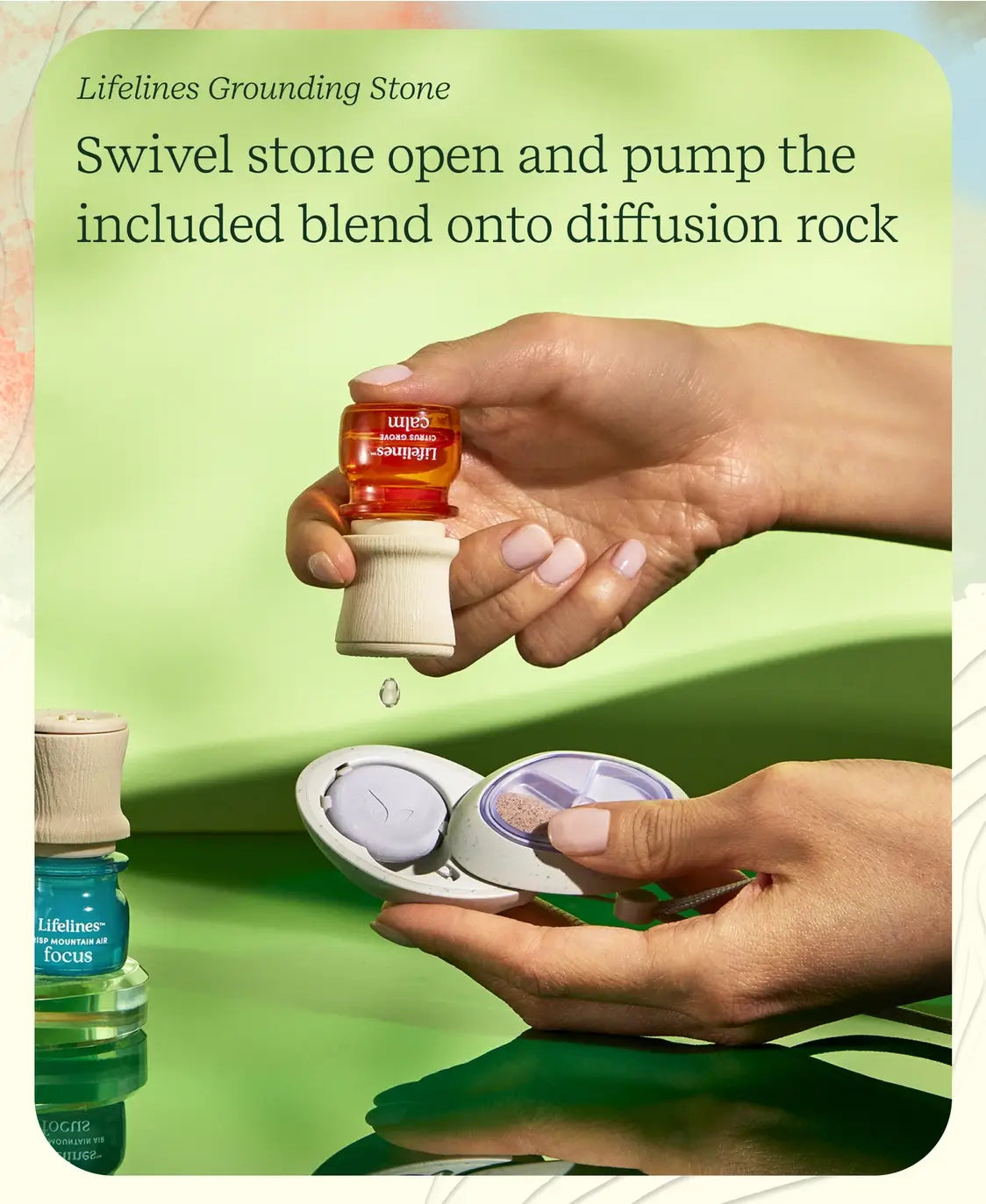Two hands add the ClickWick Essential Oils blend onto the Grounding Stone.