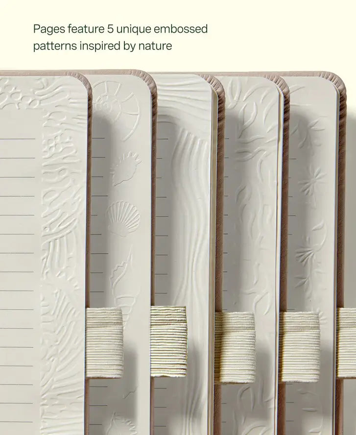 An up-close look at the 5 embossed designs inspired by nature on the pages.