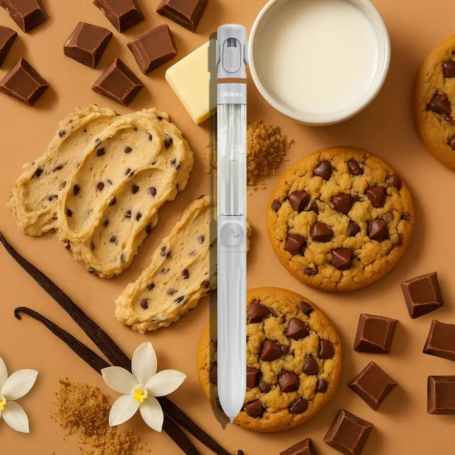 The Chocolate Chip Cookie Pen Diffuser over a background of milk, cookie dough, baked cookies, chocolate chunks, butter, and vanilla bean.