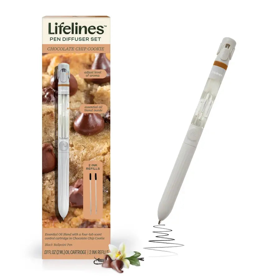 The product package for Lifelines Pen Diffuser Set in Chocolate Chip Cookie.