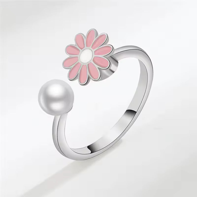 Silver Flower Fidget Ring - Light Pink with Pearl.