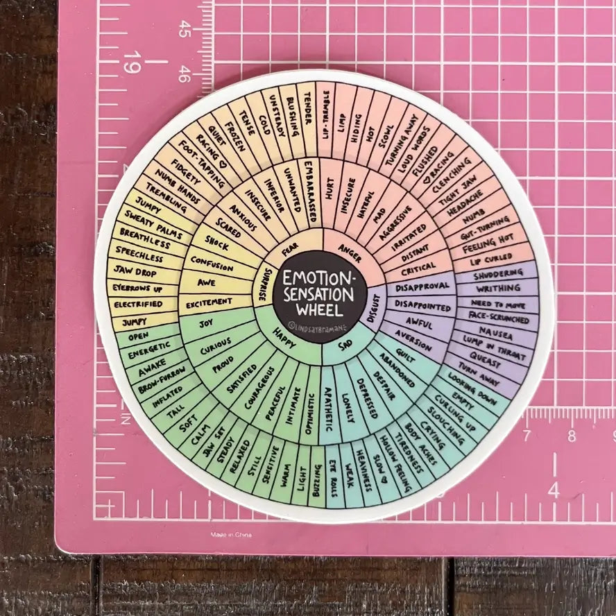 The 4" Emotion Sensation Wheel on a ruler.