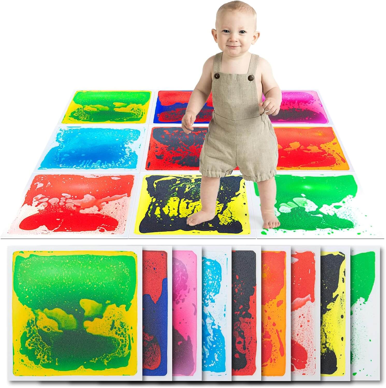 A baby stands on Liquid Floor Tiles.