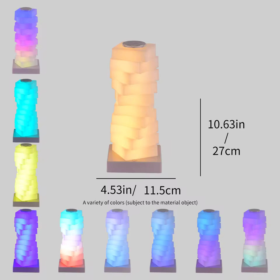 An infographic demonstrating the dimensions and different color combinations of the Magic LED Cube Desk Lamp.
