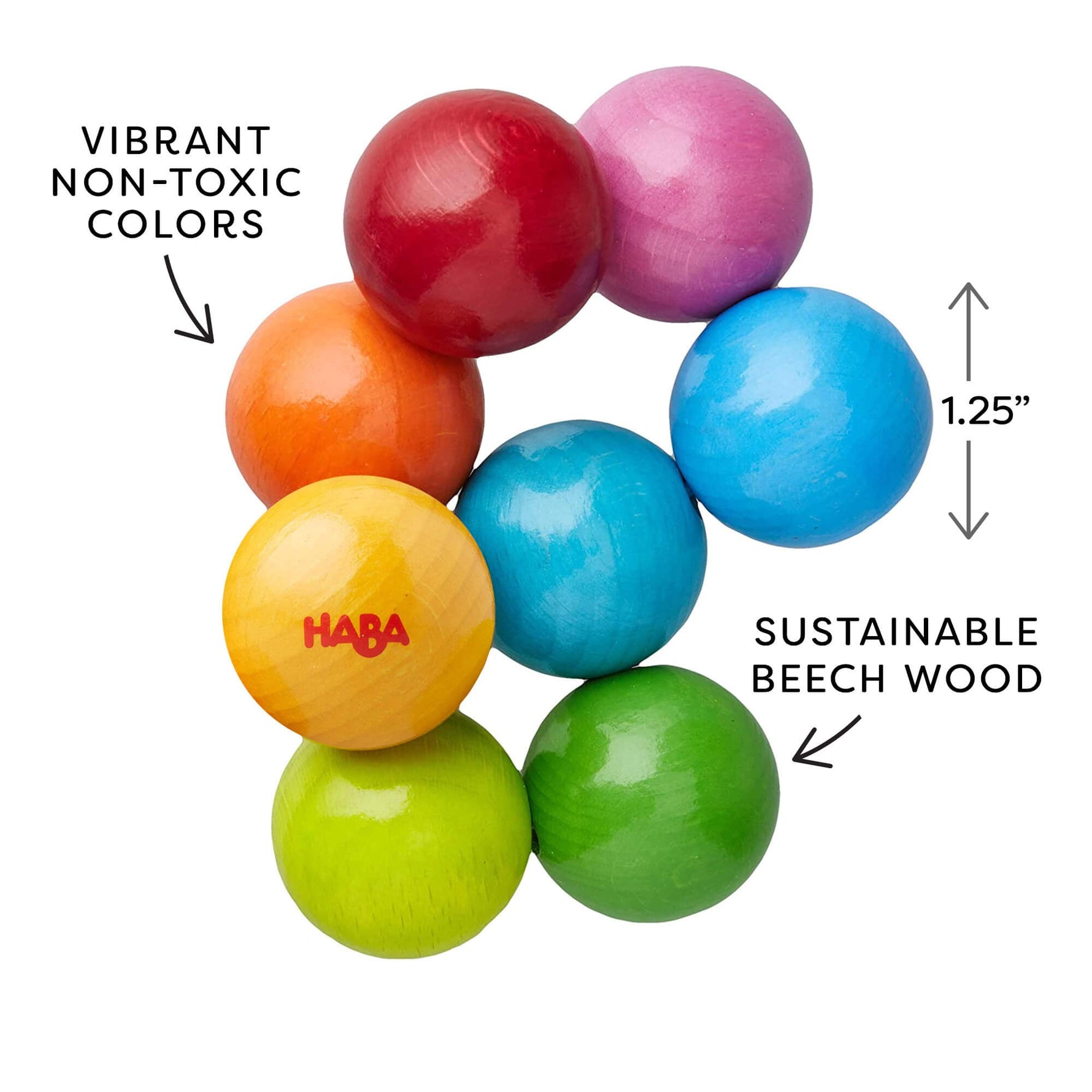 An infographic showing features of the Magica Wooden Grasping and Teething Toy by HABA.