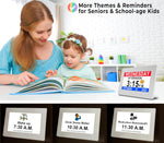 A child reads next to an adult while the 7" Dementia Clock clearly displays the date and time.