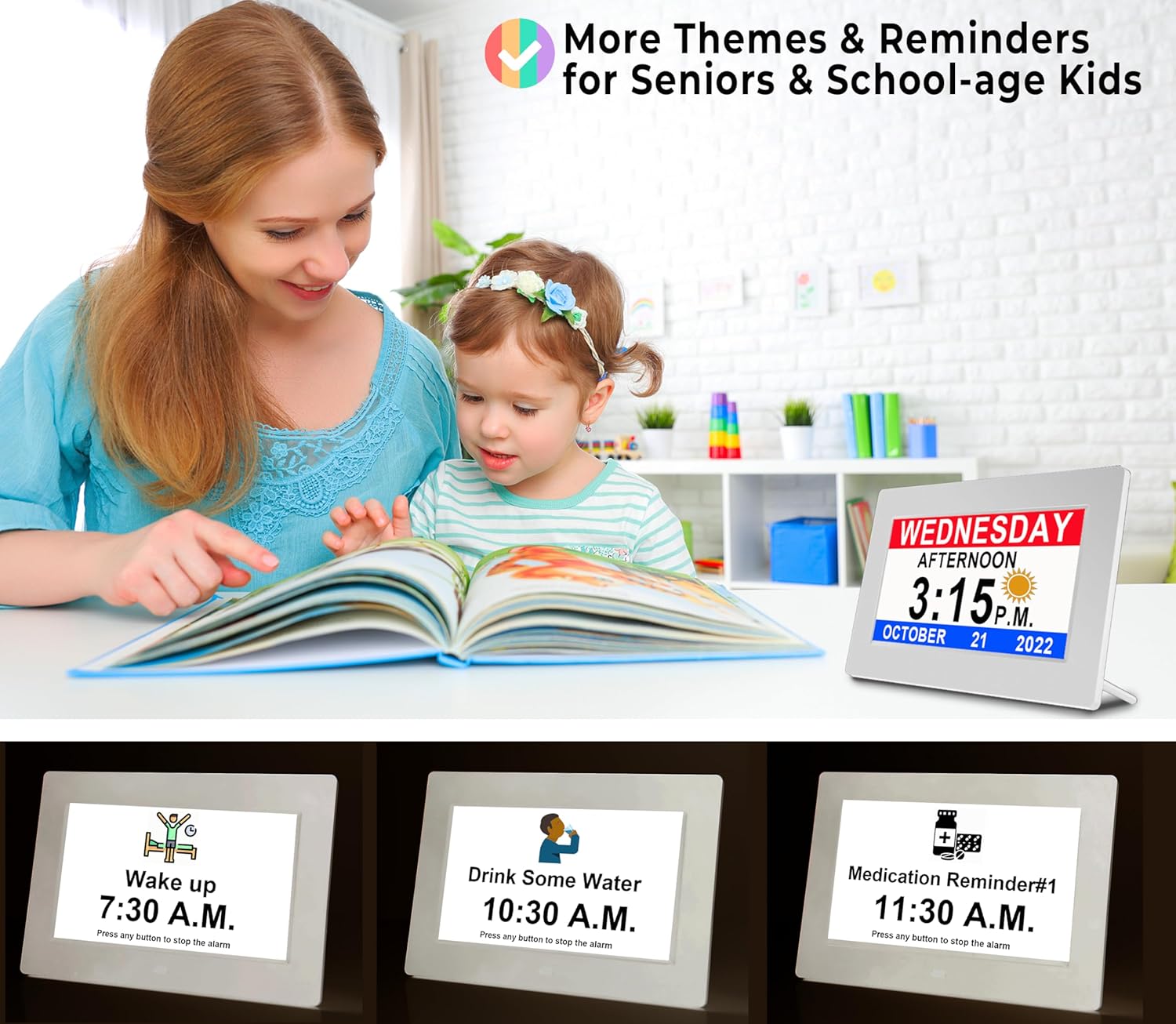 A child reads next to an adult while the 7" Dementia Clock clearly displays the date and time.