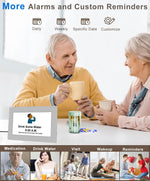 Two seniors enjoy a cup of coffee and their medications with a clearly visible reminder from the 7" Dementia Clock with Remote.