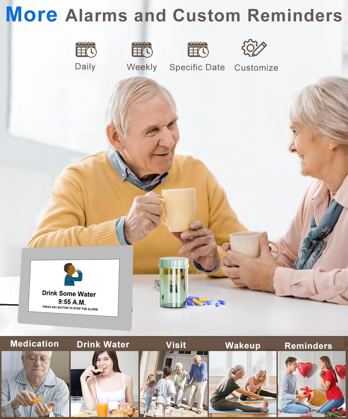Two seniors enjoy a cup of coffee and their medications with a clearly visible reminder from the 7" Dementia Clock with Remote.