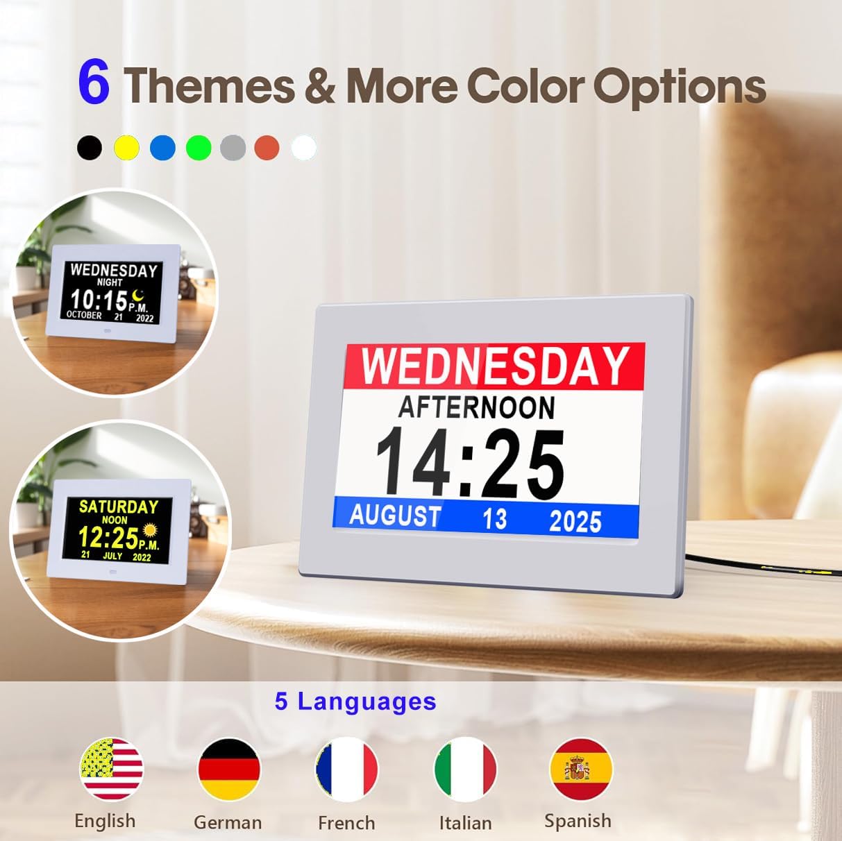 An infographic advertising the 6 themes and color options for the 7" Dementia Clock.