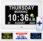 Several different options for time and date display on the 7" Dementia Clock with Remote.