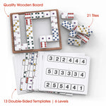 An infographic showing what comes in the box for the Match the Dots Dominoes.