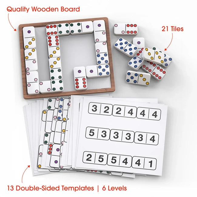 An infographic showing what comes in the box for the Match the Dots Dominoes.