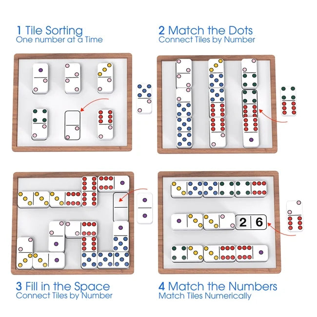 An infographic showing the types of games that are included in Match the Dots Dominoes.