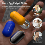 An infographic demonstrating the benefits of the Mech Egg Mechanical Fidget Slider.