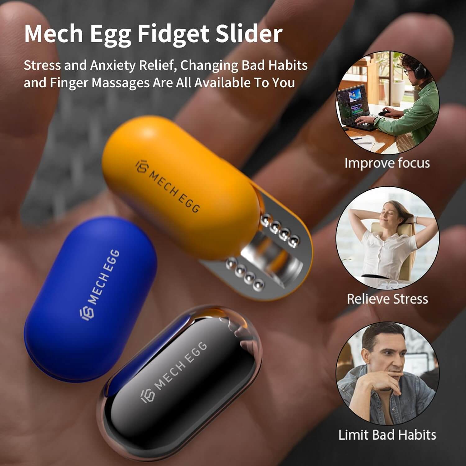An infographic demonstrating the benefits of the Mech Egg Mechanical Fidget Slider.
