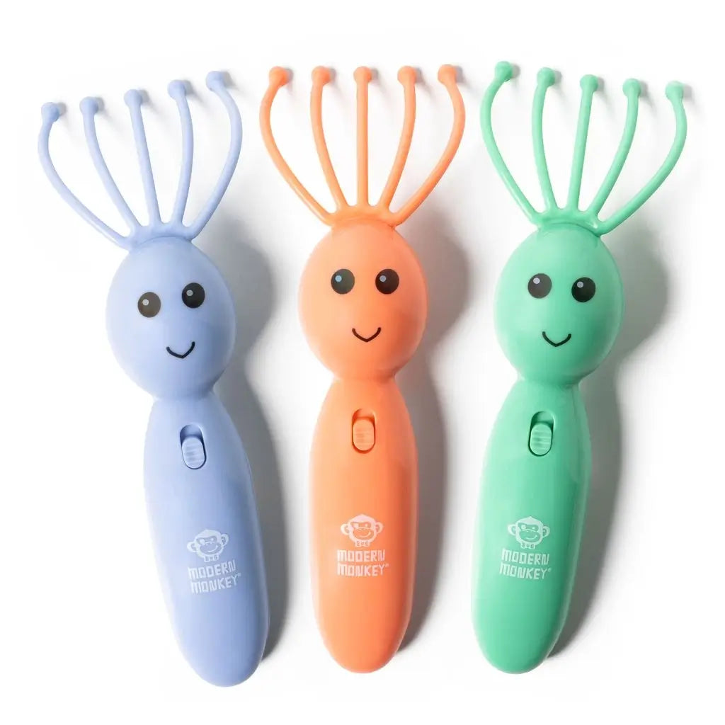 The three variants of the Modern Monkey Shrimp Scalpi Head Massager.