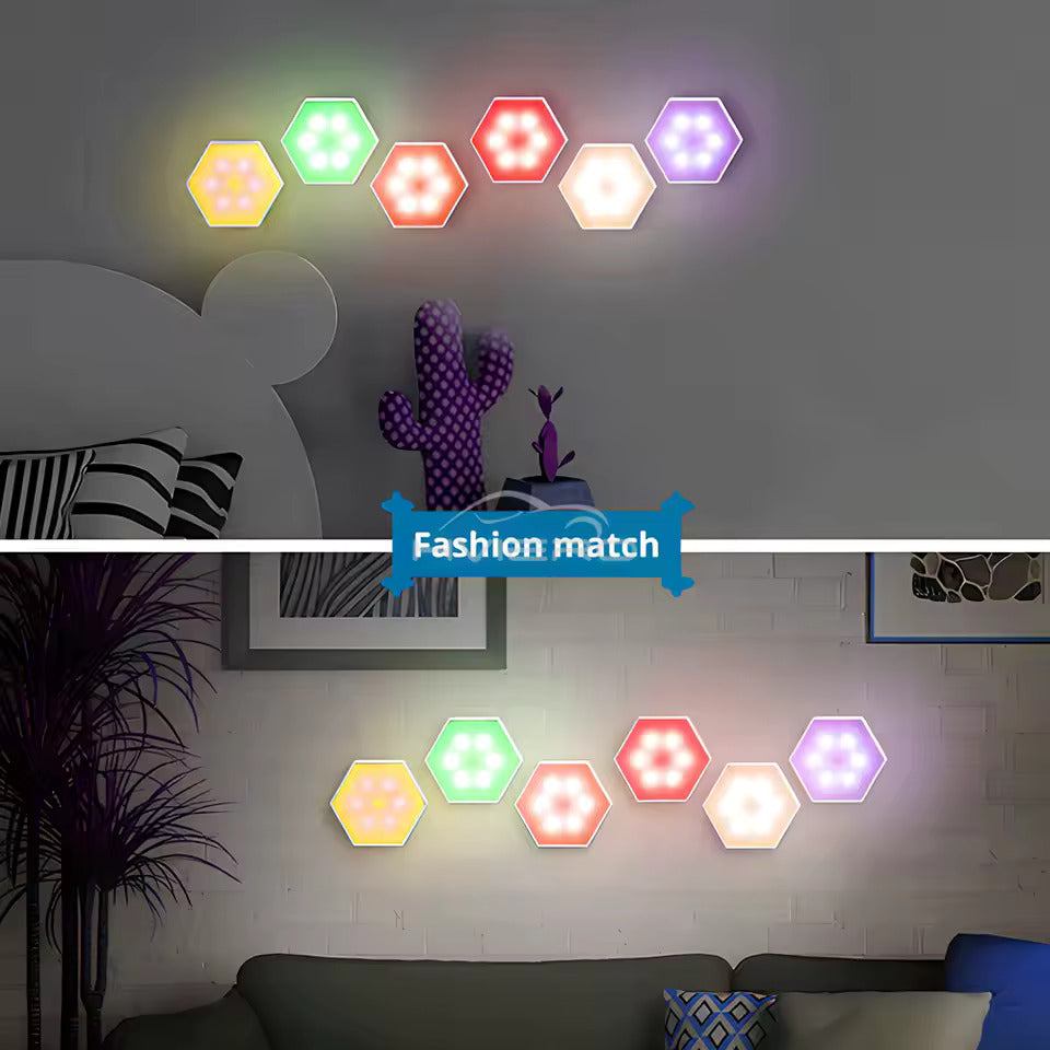 The Touch Control Modular Hexagon LED Light - 5 pk lit up on a bedroom and living room wall.