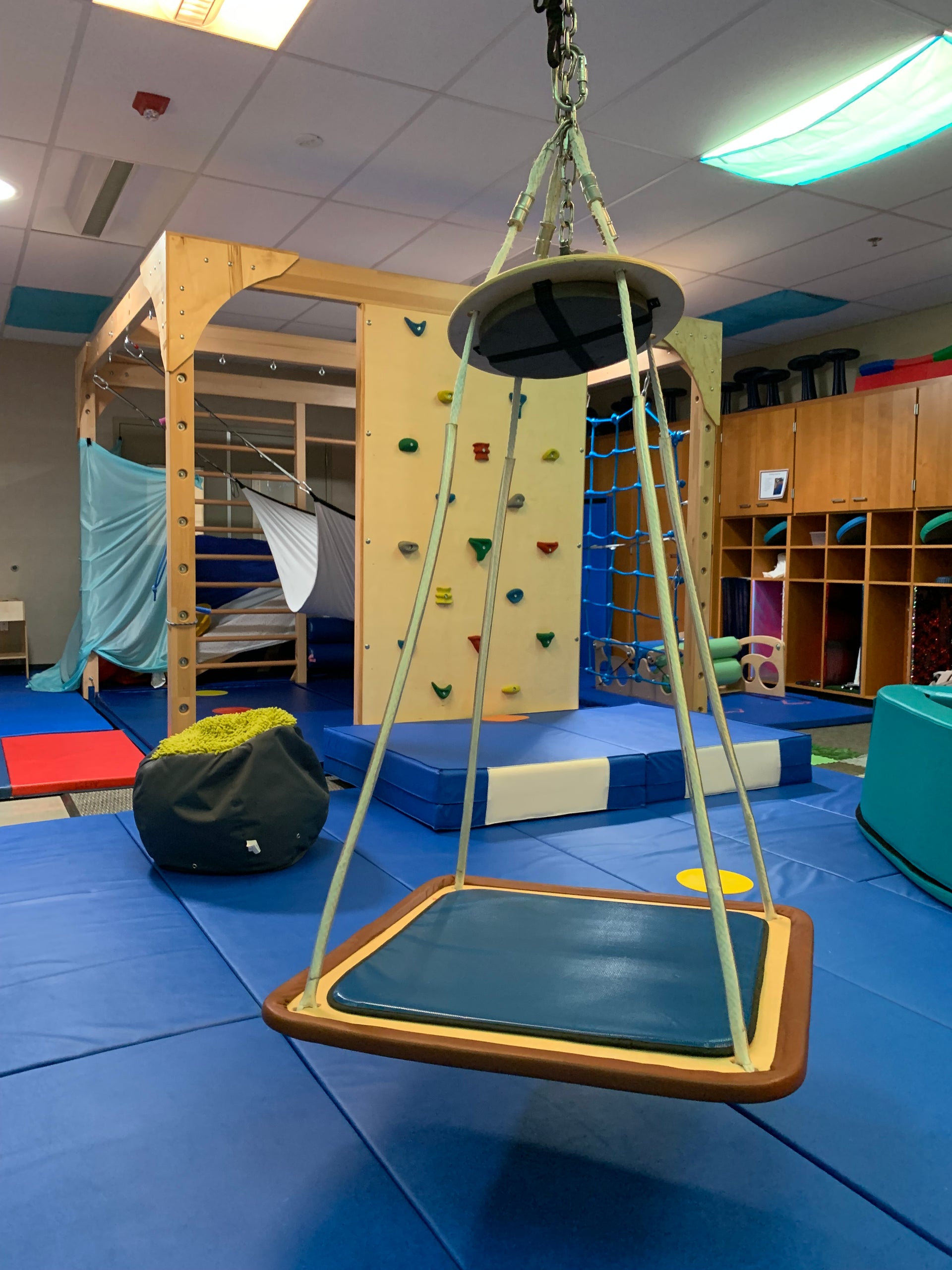 Sensory gym with swing and climbing wall