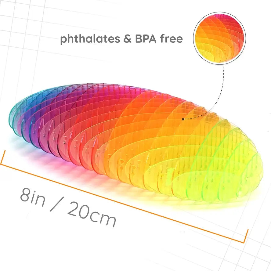 An infographic showing the dimensions of the Big Rainbow Morf Fidget Worm.