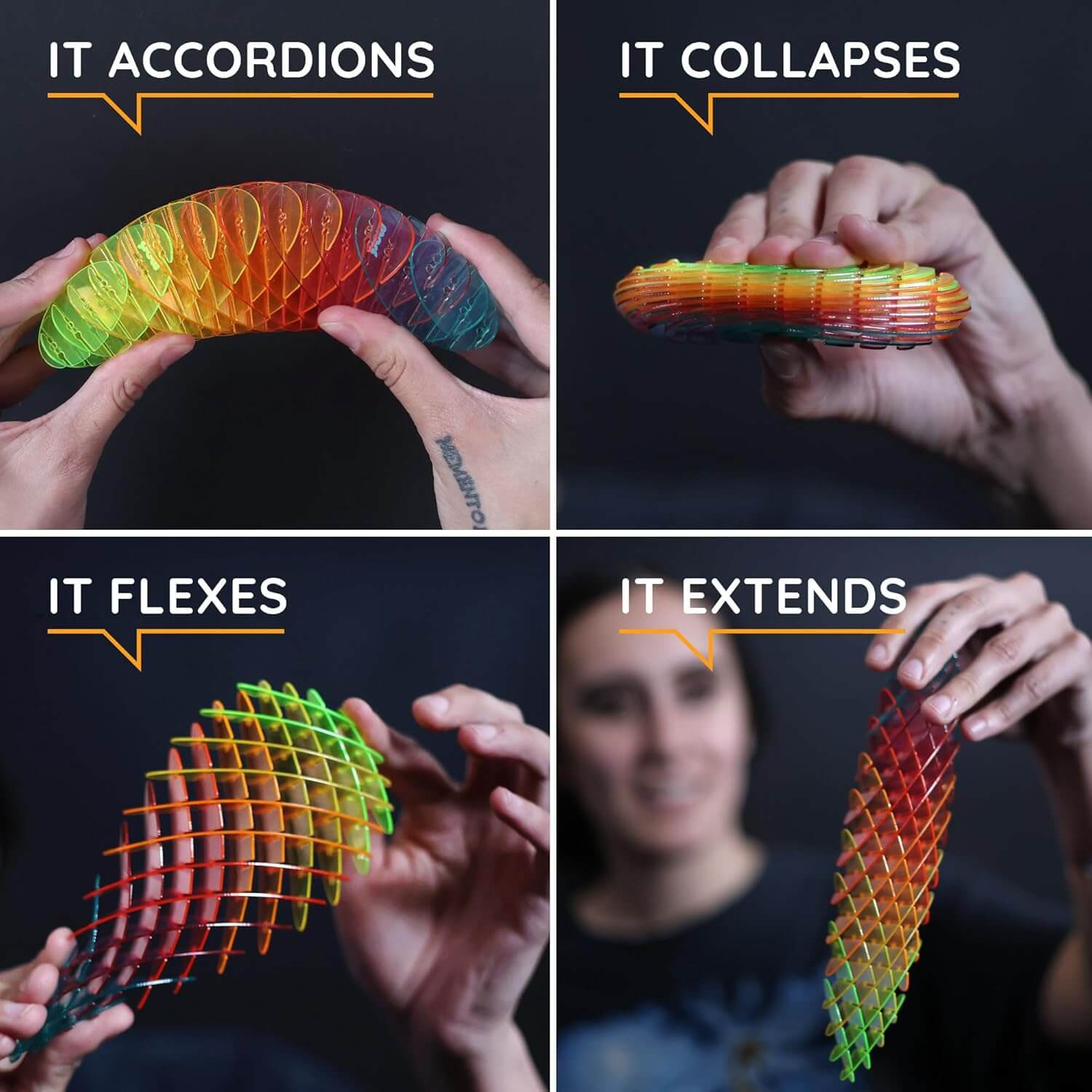An infographic demonstrating the movement of the Rainbow Morf Fidget Worm.