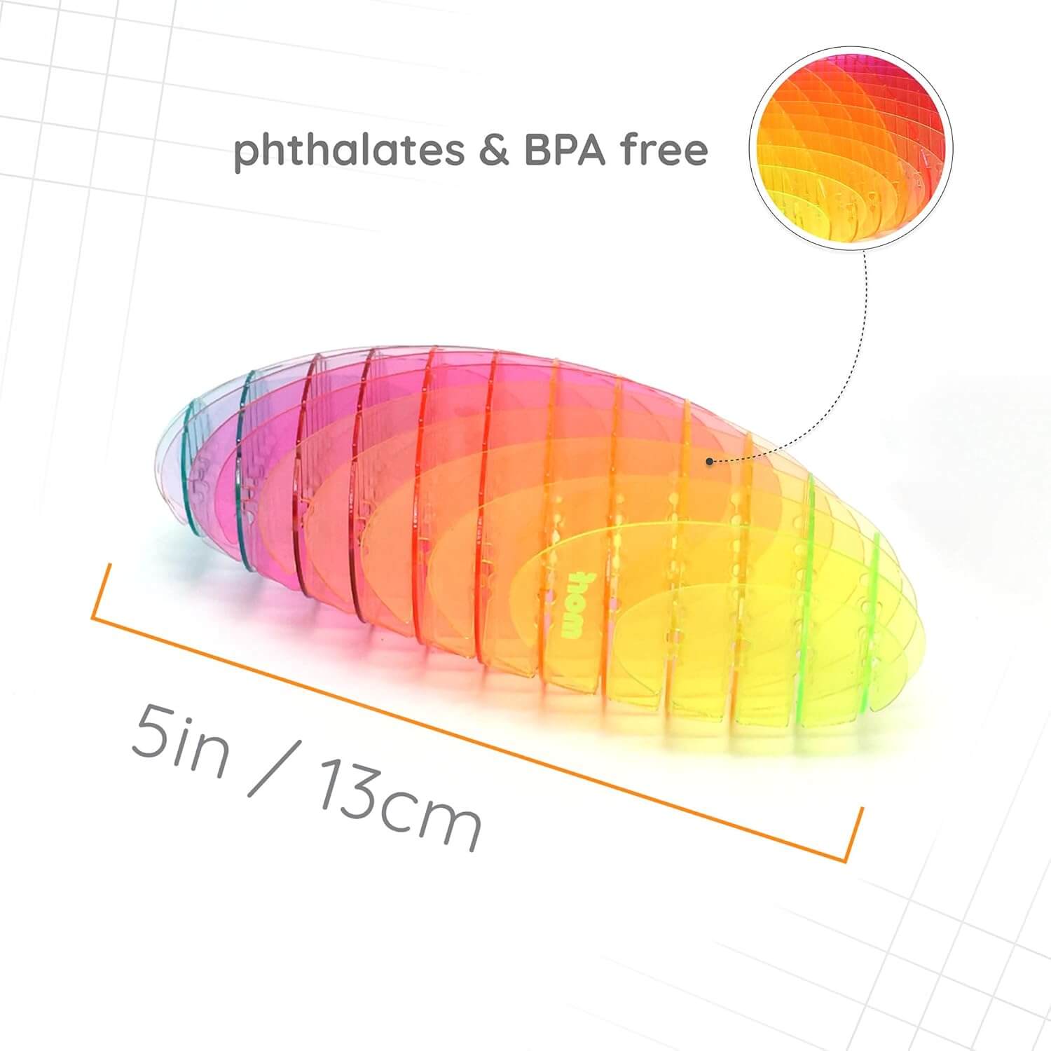 An infographic demonstrating the dimensions of the Morf Rainbow Fidget Worm.