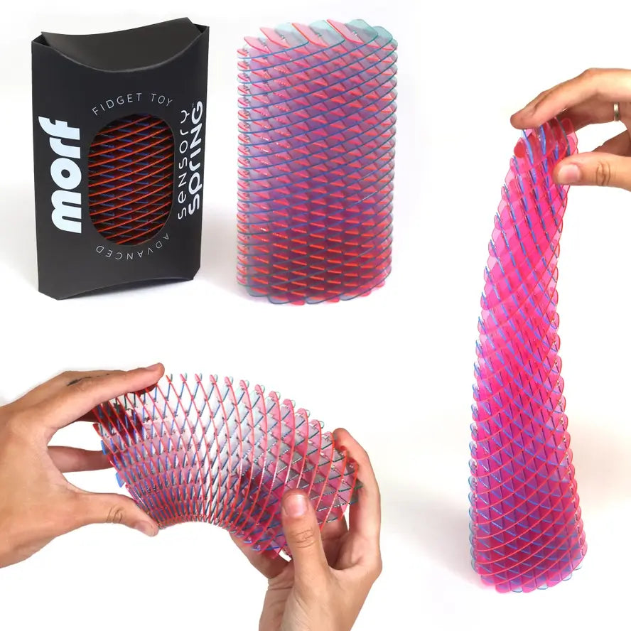 An infographic shows two hands pulling the Berry Morf like an accordion, and letting it cascade in a downward position. 