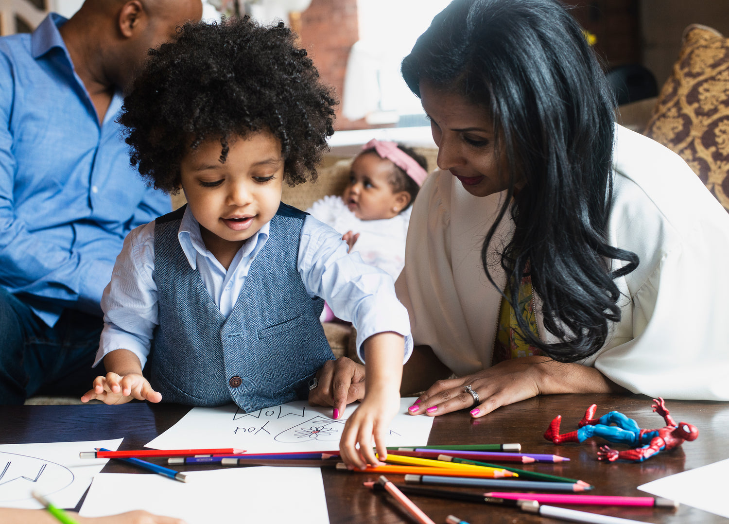 mom and son doing crafts