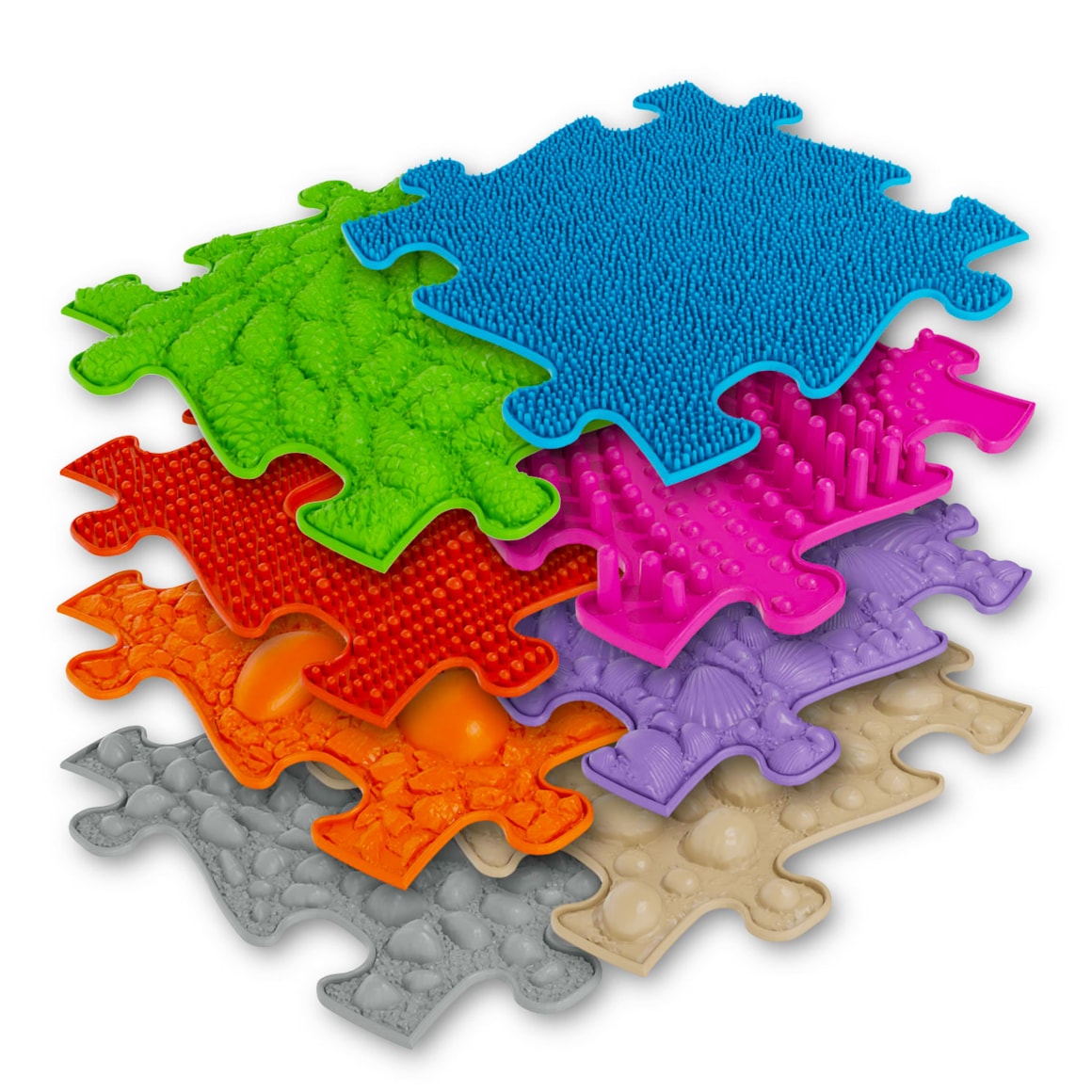 A pile of the mats that come with the Medium 1 Sensory Playmat Set.