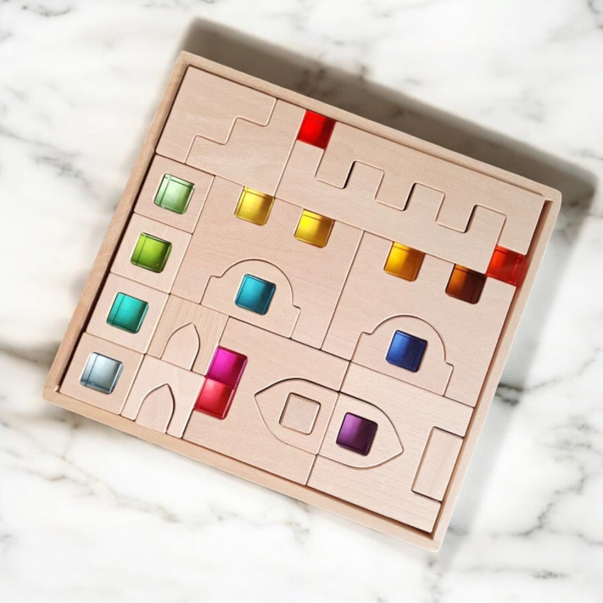 The 6 Piece Natural Wooden Architectural Building Block Set with lucite blocks.