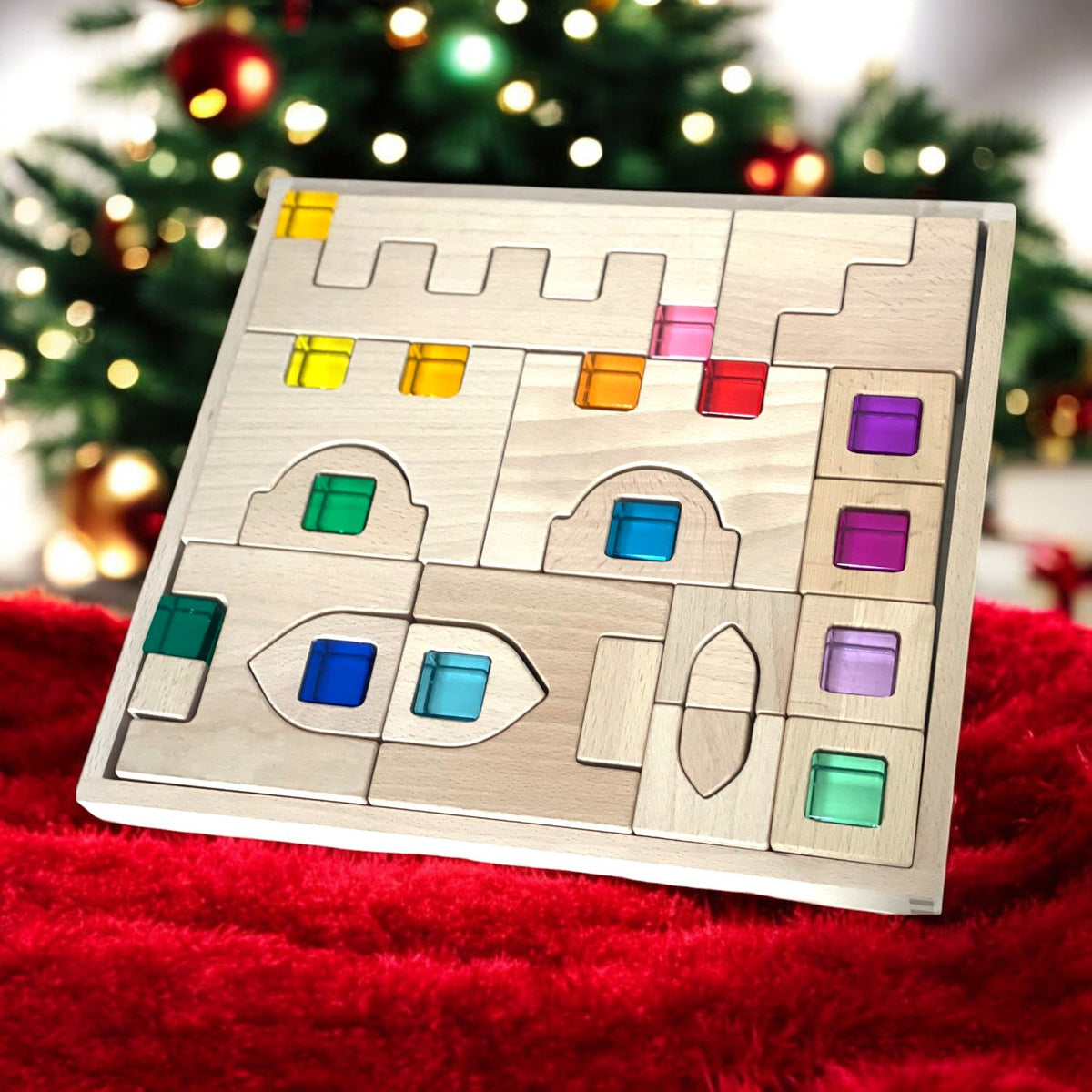 The 26 Piece Natural Wooden Architectural Building Blocks Set with lucite blocks.