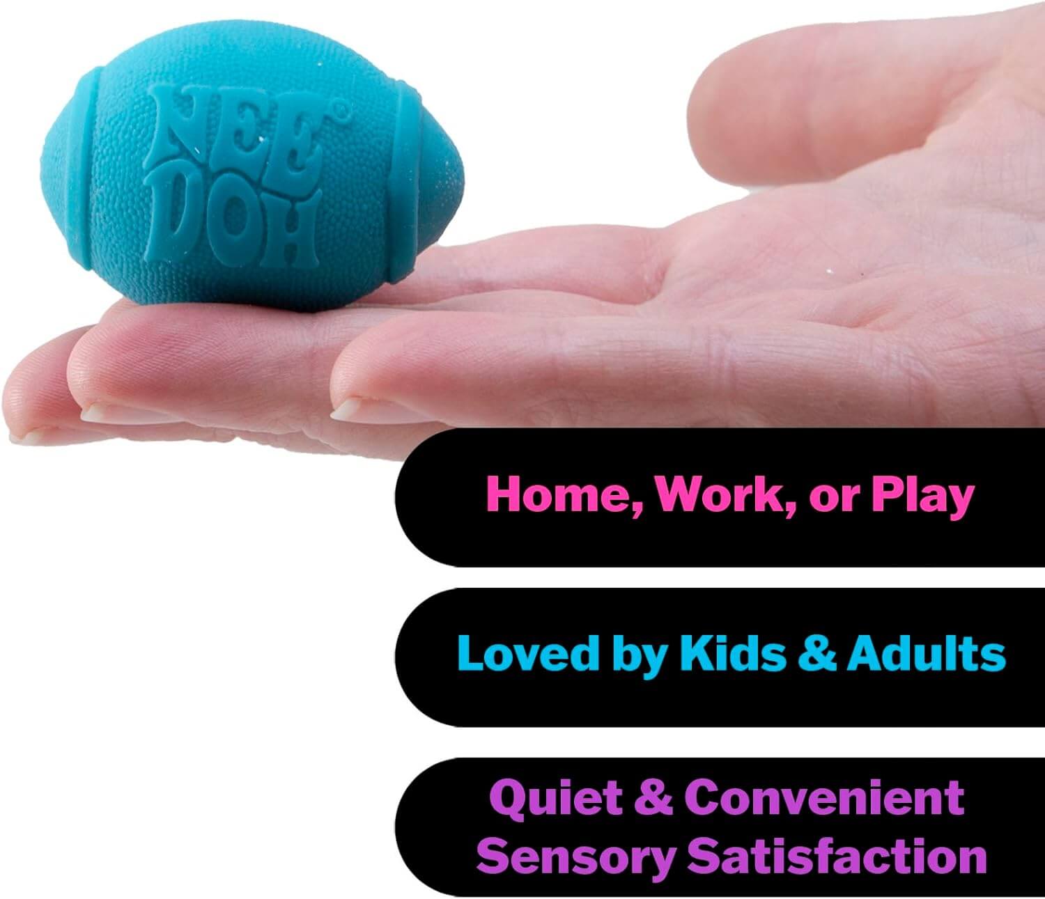 A hand holds up a blue football from the Teenie Nee Doh Hot Shots.