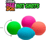 An infographic showing the 1.5" diameter of the Teenie Nee Doh Hot Shots.