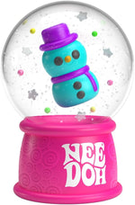 A teal snowman floats in a Snow Globe surrounded by colorful beads and snowflakes.