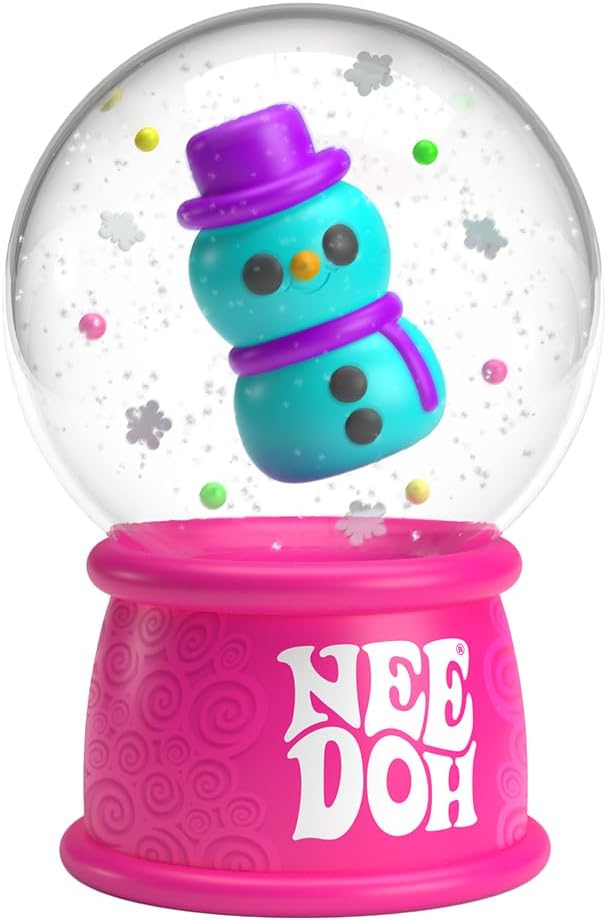 A teal snowman floats in a Snow Globe surrounded by colorful beads and snowflakes.