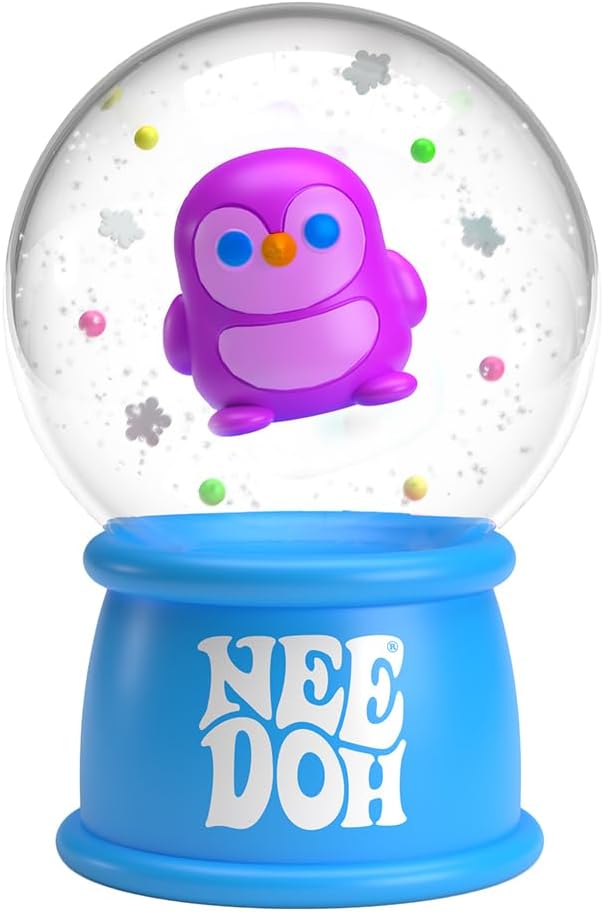 A purple penguin floats in a Snow Globe surrounded by colorful beads and snowflakes.